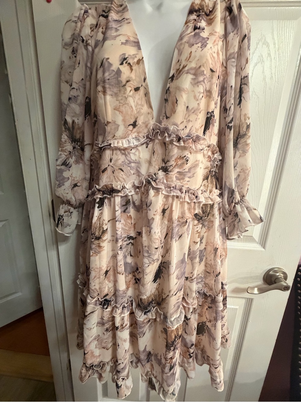 Long Sleeve Blush Floral Ruffle Tiered V-Neck Dress